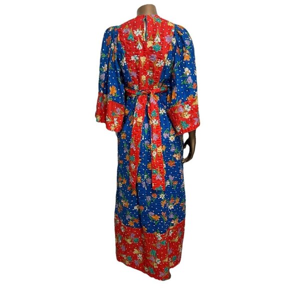 1960s Young Innocents by Arpeja Red & Blue Cotton Floral Print Caftan Dress Sz S - Picture 10 of 12